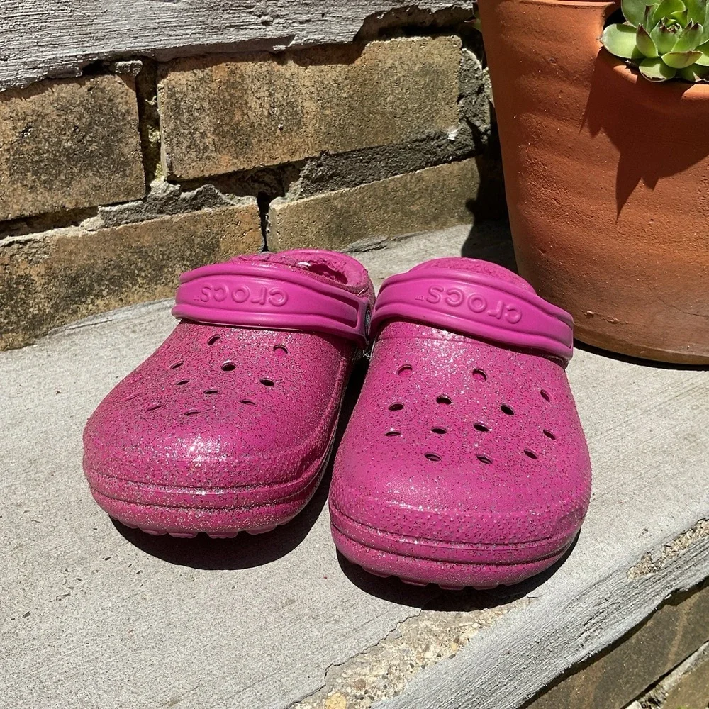 Crocs Youth Classic Fur Lined Pink‎ Clog Sparkle Glitter Fuzzy Size Junior 3
